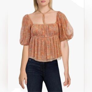 Free People Penelope Printed Smocked Peplum Top in Peach Combo